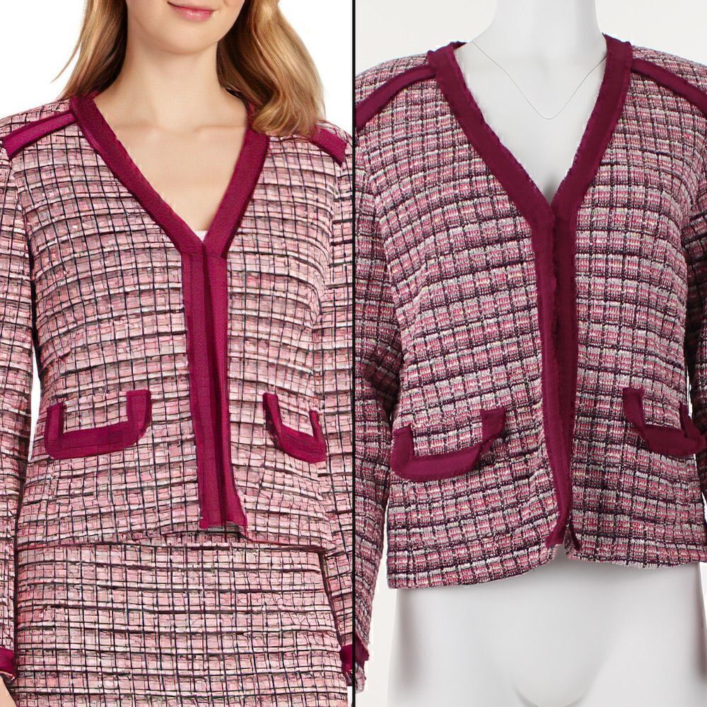 Charming Charlie Tweed Fringe Jacket Ring in Pink Ivory Tweed